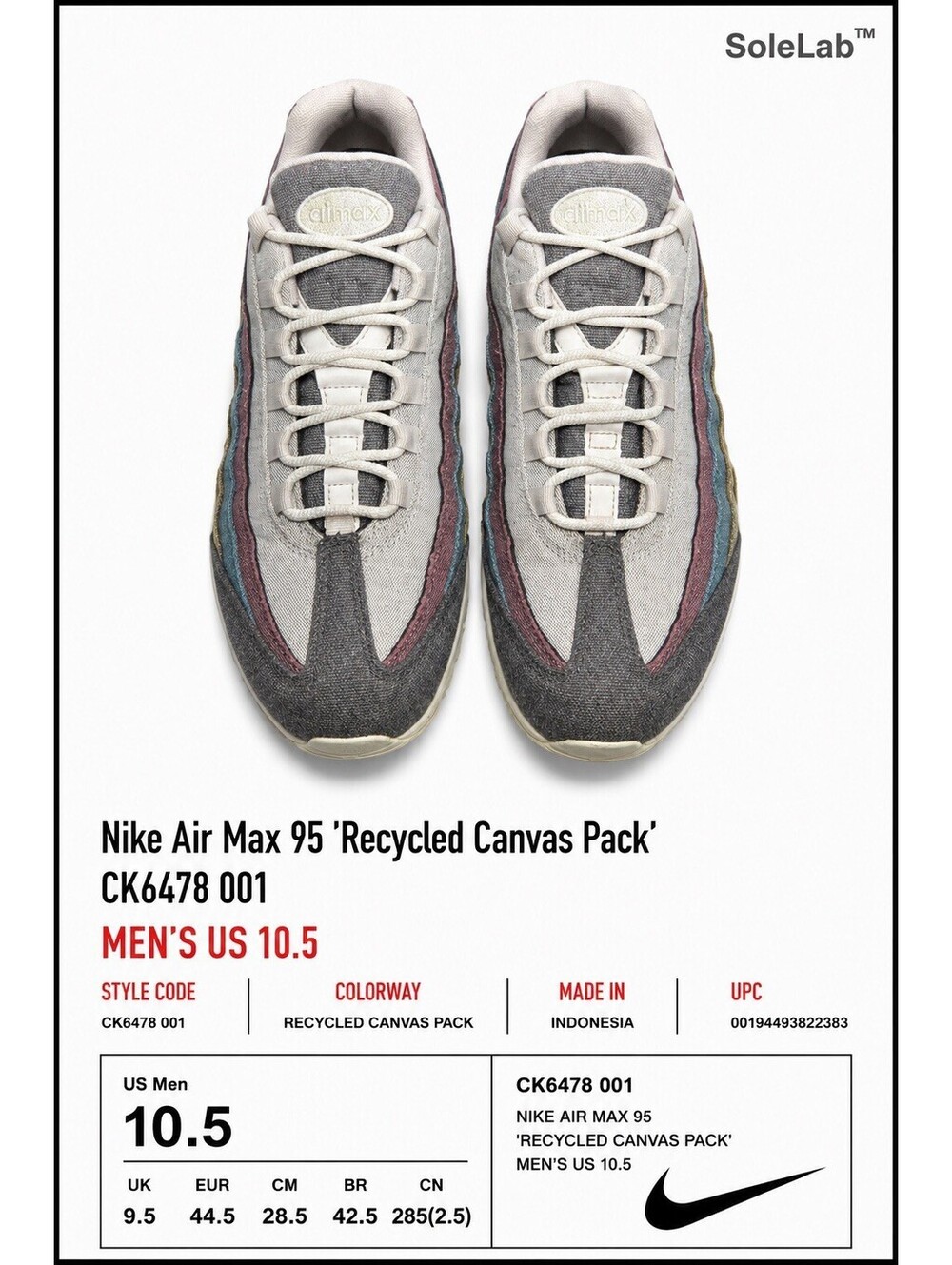 Nike Air Max 95 Recycled Canvas Pack CK6478-001 Men’s Size 10.5 Multicolor - Picture 2 of 6